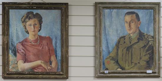Mary Entwhistle, pair of oils on canvas, portraits of a WWII soldier and his wife, signed and dated 1945, 24 x 20in.